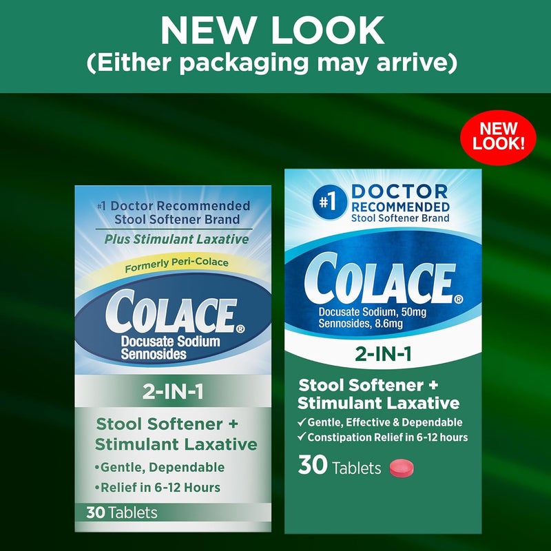 COLACE 2-In-1 Stool Softener & Stimulant Laxative Tablets, Gentle Constipation Relief in 6-12 Hours, 30 Count - Image 2